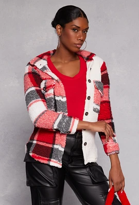 Womens Plaid Sherpa Shacket, Red, Size L