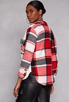 Womens Plaid Sherpa Shacket, Red, Size M