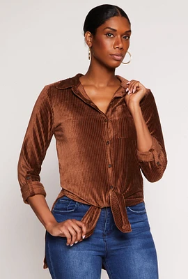 Womens Ribbed Velvet Button Front Top,