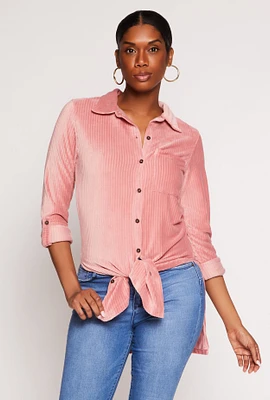 Womens Ribbed Velvet Button Front Top,
