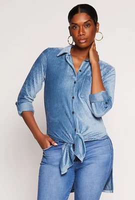 Womens Ribbed Velvet Button Front Tunic Top, Blue, Size S