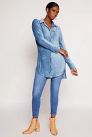 Womens Ribbed Velvet Button Front Tunic Top, Blue, Size S