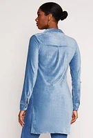 Womens Ribbed Velvet Button Front Tunic Top, Blue, Size S