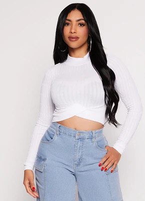 Womens Seamless Cable Knit Mock Neck Crop Top, White, Size M
