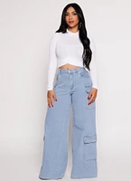 Womens Seamless Cable Knit Mock Neck Crop Top, White, Size M