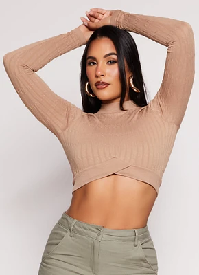 Womens Seamless Cable Knit Mock Neck Crop Top, L