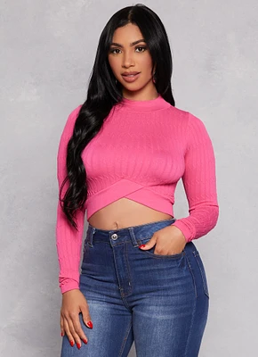 Womens Seamless Cable Knit Mock Neck Crop Top, Pink, Size S