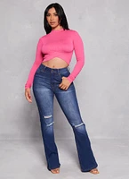 Womens Seamless Cable Knit Mock Neck Crop Top, Pink, Size S