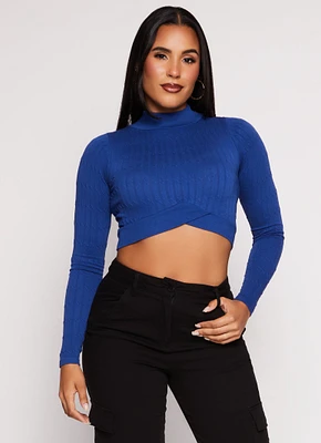 Womens Seamless Cable Knit Mock Neck Crop Top, Blue, Size M