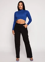 Womens Seamless Cable Knit Mock Neck Crop Top, Blue, Size S