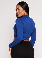 Womens Seamless Cable Knit Mock Neck Crop Top, Blue, Size M