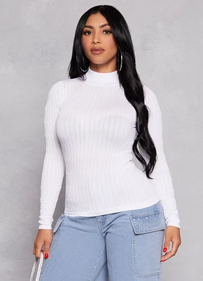 Womens Seamless Cable Knit Mock Neck Top, White, Size S