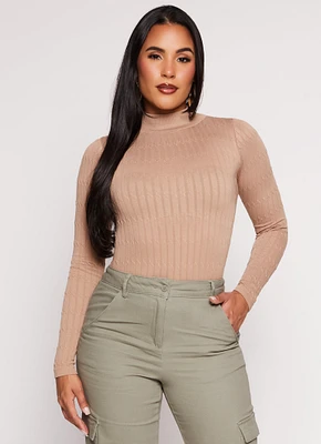 Womens Seamless Cable Knit Mock Neck Top, S