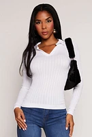 Womens Johnny Collar Seamless Long Sleeve Top, White, Size L