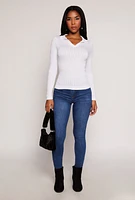 Womens Johnny Collar Seamless Long Sleeve Top, White, Size L