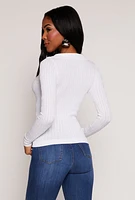 Womens Johnny Collar Seamless Long Sleeve Top, White, Size L