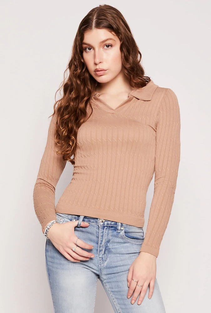 Womens Johnny Collar Seamless Long Sleeve Top, Brown,