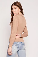 Womens Johnny Collar Seamless Long Sleeve Top, Brown,