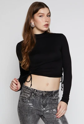 Womens Side Tie Mock Neck Long Sleeve Crop Top, Black, Size XL
