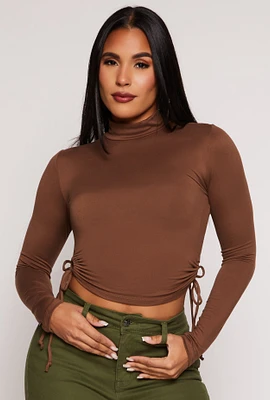 Womens Side Tie Mock Neck Long Sleeve Crop Top, Brown, Size M