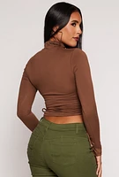 Womens Side Tie Mock Neck Long Sleeve Crop Top, Brown, Size M