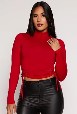 Womens Side Tie Mock Neck Long Sleeve Crop Top,