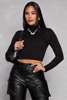 Womens Mock Neck Long Sleeve Crop Top, Black,