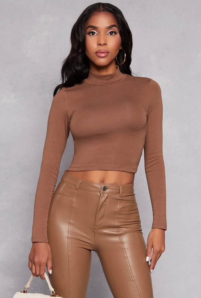 Womens Mock Neck Long Sleeve Crop Top, Brown, Size M