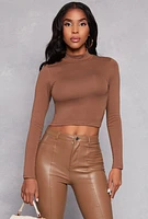 Womens Mock Neck Long Sleeve Crop Top, Brown, Size M