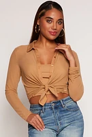 Womens Mesh Button Front Shirt With Cami, Beige, Size S