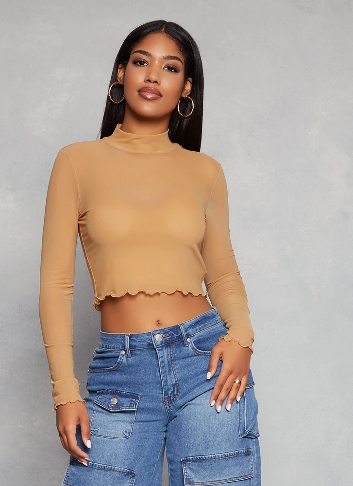 Womens Mesh Mock Neck Lettuce Edge Crop Top,