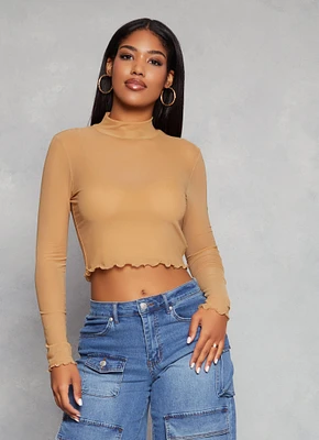 Womens Mesh Mock Neck Lettuce Edge Crop Top,