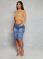 Womens Mesh Mock Neck Lettuce Edge Crop Top,