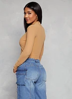Womens Mesh Mock Neck Lettuce Edge Crop Top,
