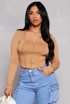 Womens Hook and Eye Long Sleeve Corset Top, Beige, Size S