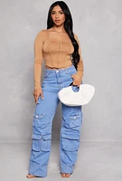 Womens Hook and Eye Long Sleeve Corset Top, Beige, Size S