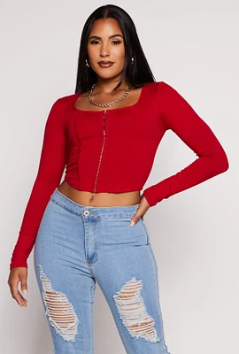 Womens Hook and Eye Long Sleeve Corset Top, Red, Size S