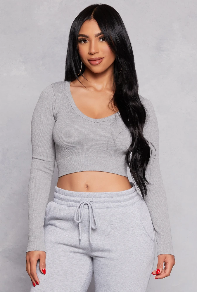 Womens Seamless Ribbed Knit Long Sleeve Crop Top, Grey, Size M-L