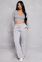 Womens Seamless Ribbed Knit Long Sleeve Crop Top, Grey, Size M-L