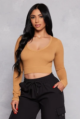 Womens Seamless Ribbed Knit Long Sleeve Crop Top, Beige, Size S-M