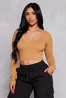 Womens Seamless Ribbed Knit Long Sleeve Crop Top, Beige, Size S-M