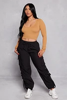 Womens Seamless Ribbed Knit Long Sleeve Crop Top, Beige, Size S-M