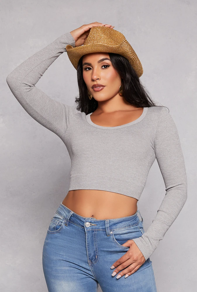 Womens Seamless Ribbed Scoop Neck Crop Top, Grey, Size M-L