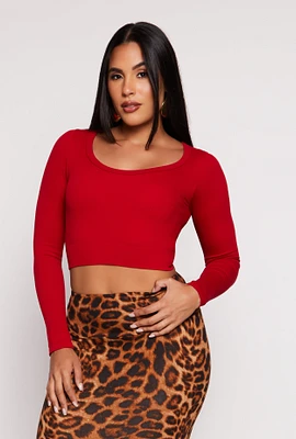 Womens Seamless Ribbed Scoop Neck Crop Top, Red, Size M-L
