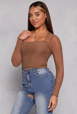 Womens Mesh Sleeve Square Neck Long Sleeve Top, Brown, Size S