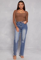 Womens Mesh Sleeve Square Neck Long Sleeve Top, Brown, Size S