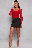 Womens Mesh Sleeve Square Neck Long Sleeve Top, Red, Size S