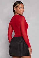 Womens Mesh Sleeve Square Neck Long Sleeve Top, Red, Size S