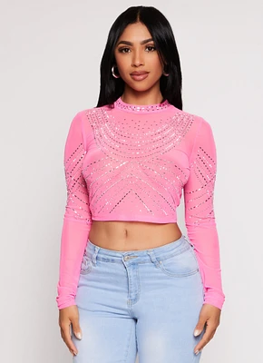 Womens Mesh Rhinestone Mock Neck Crop Top, Pink, Size M