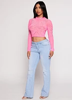 Womens Mesh Rhinestone Mock Neck Crop Top, Pink, Size M